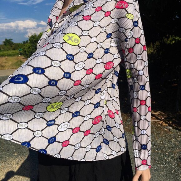 PLEATS PLEASE Issey Miyake Long Sleeve Cardigan Shirt Element Print Gray Size 3 - Picture 4 of 11